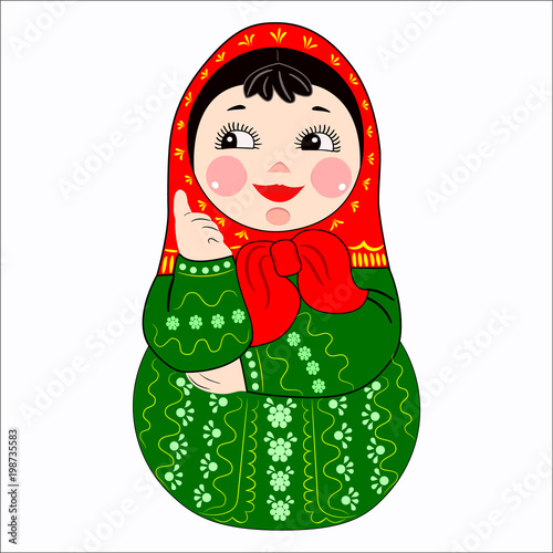 Colorful Russian nesting doll. A red handkerchief on his head . Isolated, white background . Vector