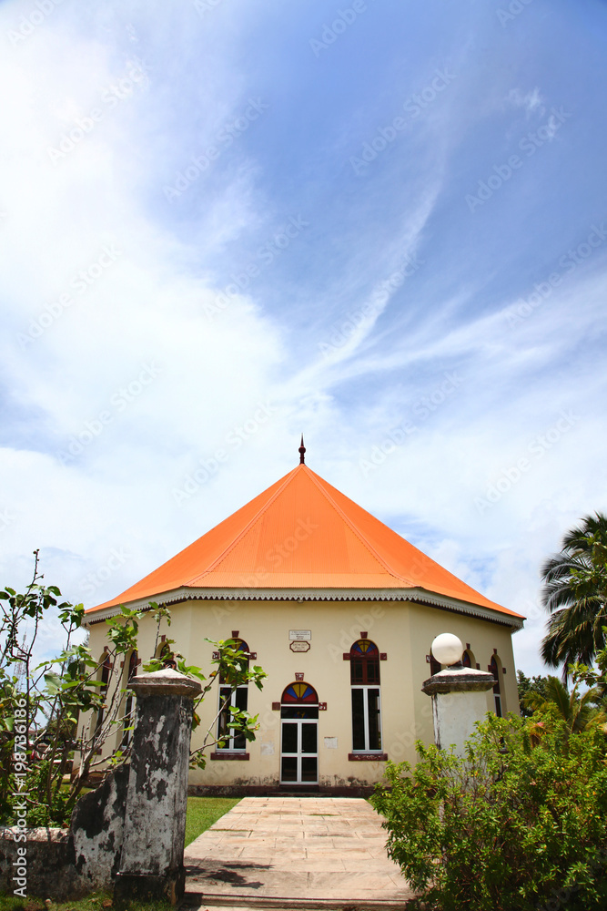 Papetoai Protestant Church in the town of Papeto'ai, island of Moorea, French Polynesia, South Pacific.