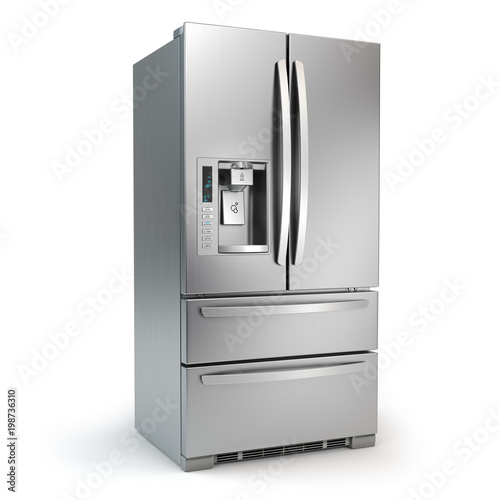 Fridge freezer. Side by side stainless steel srefrigerator with ice and water system isolated on white background.