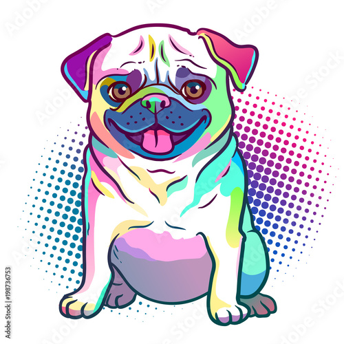 Pug dog pop art style illustration in bright neon rainbow colors, with halftone dot background, isolated on white. Dogs, pets, animal lovers theme design element.