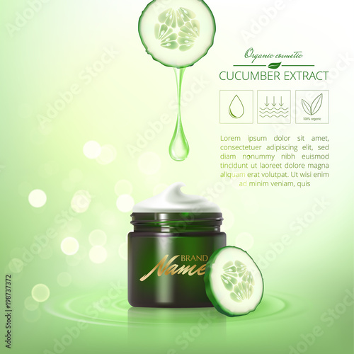 Advertising poster for cosmetic product for catalog, magazine. Design of cosmetic package. Bokeh background. Toner, cream, mask, gel, body lotion with cucumber extract.