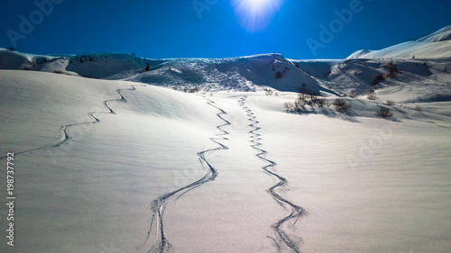 Drone view of the alps with sunny weather clear skies  photo