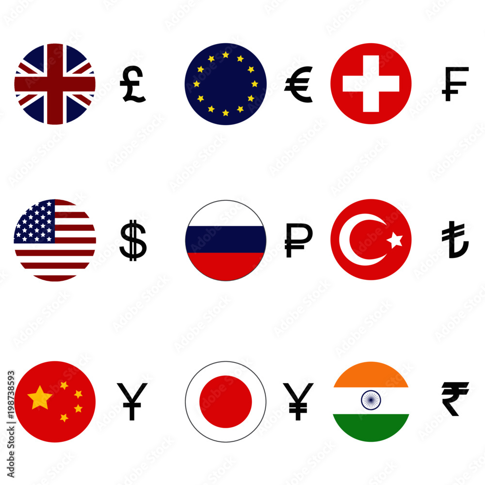 Currency symbols and flags. Vector