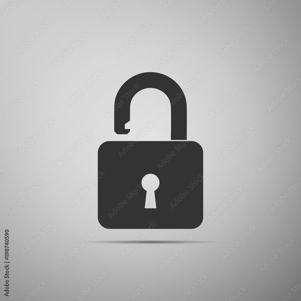 Open padlock icon isolated on grey background. Lock symbol. Flat design. Vector Illustration Open padlock icon isolated on grey background. Lock symbol. Flat design. Vector Illustration