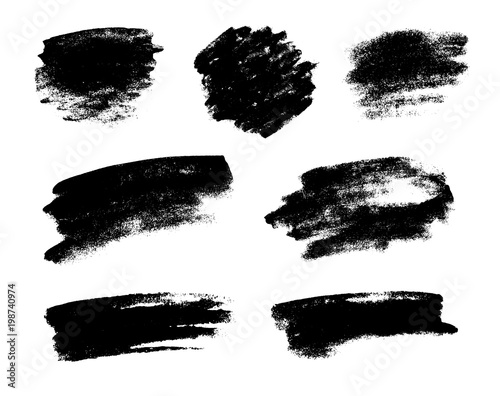 Set of black grunge brushes as vector paint strokes for textures overlay. Artistic ink blots isolated on white background