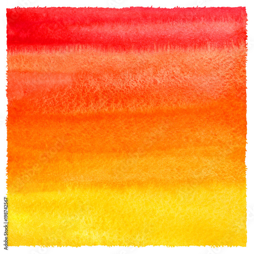 Red, orange, yellow gradient watercolor background with uneven, artistic edges. Fire, tropical or sunset colors aquarelle fill. Colorful watercolour texture with stains. Hand drawn square template.