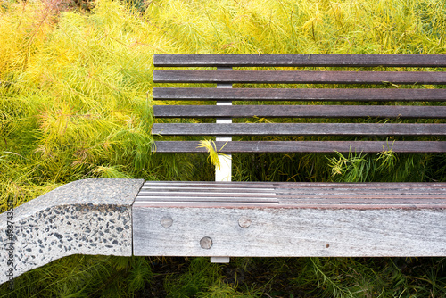 Modern urban park bench seen from the High Line in New York City in Manhattan