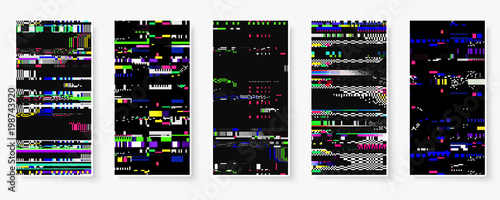 Glitch backgrounds set. Mobile device screen error. Digital pixel noise abstract design. Device signal fail. Gadget data decay. Glitch tv wallpaper. Monitor technical problem.