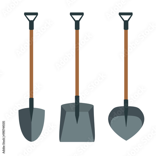 Vector set of three different spades. round, square, shovel pit pan on a long wooden handle with metal grip. vector illustration with isolated objects on white background