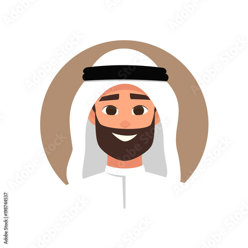 Cartoon arab man avatars happy emotion. smiling face of a successful young Arabic man flat style vector illustration of isolated layers on a white background