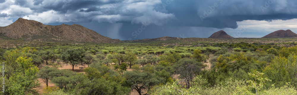 Regen über der Wildnis in der Region Khomas, Dordabis, Namibia, Panorama