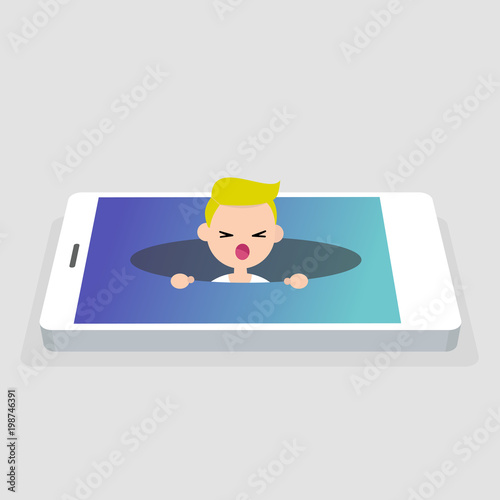 New technologies addiction. Young millennial character calling for help in the pit / editable flat vector illustration, clip art