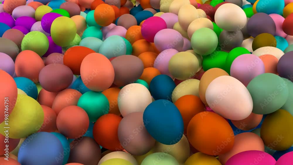 Animated a lot of colorful plain Easter Eggs falling and tumbling or rolling toward camera filling up container against black background and in slow motion. High angle view. Mask included. Animated a lot of colorful plain Easter Eggs falling and tumbling or rolling toward camera filling up container against black background and in slow motion. High angle view. Mask included.