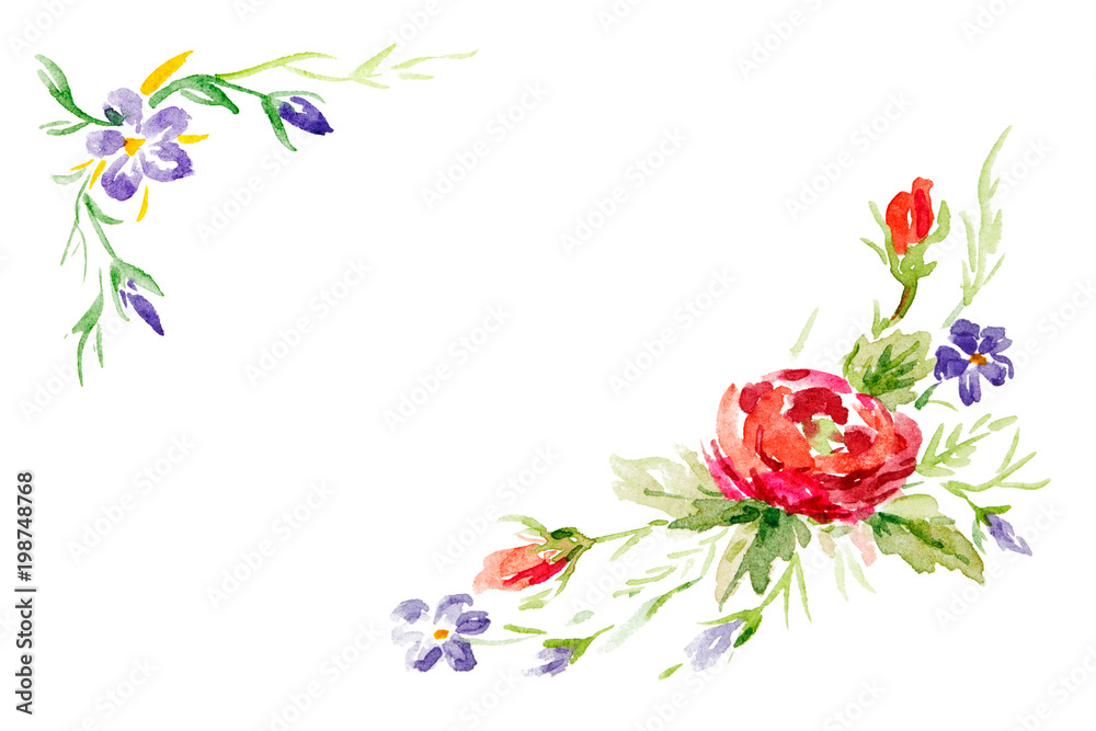 Floral watercolor set for greeting card design. Corner or frame