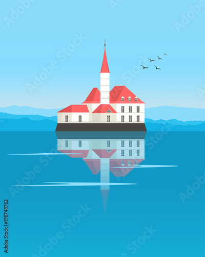Illustration with an old castle by the lake. Can be used for cards, banner, print, etc.