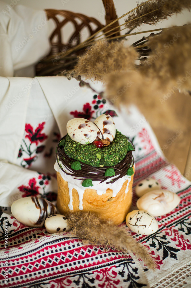 Easter pie in eco-style on the background of the national traditional turret.