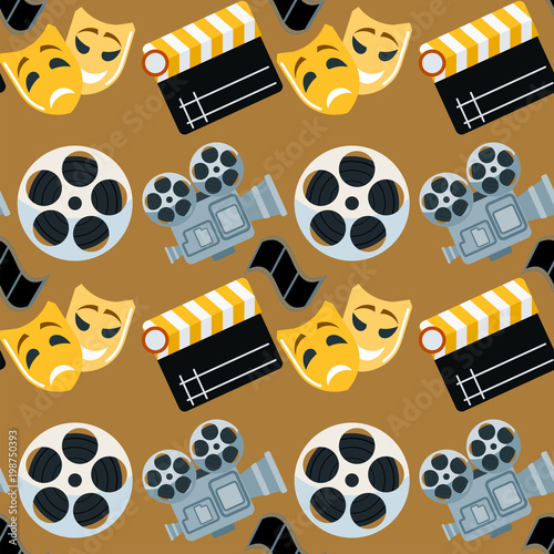 Cinema genre cinematography seamless pattern background flat entertainment movie production vector illustration.