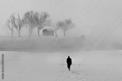 person walking in winter