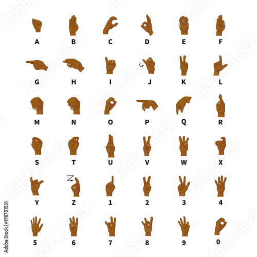 Sign language interpreter, full latin alphabet and numbers, black hands signs on white