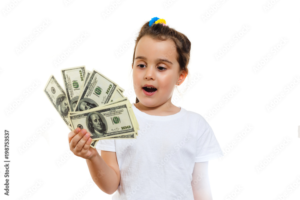Happy child with money dollar isolated on a white background Happy child with money dollar isolated on a white background