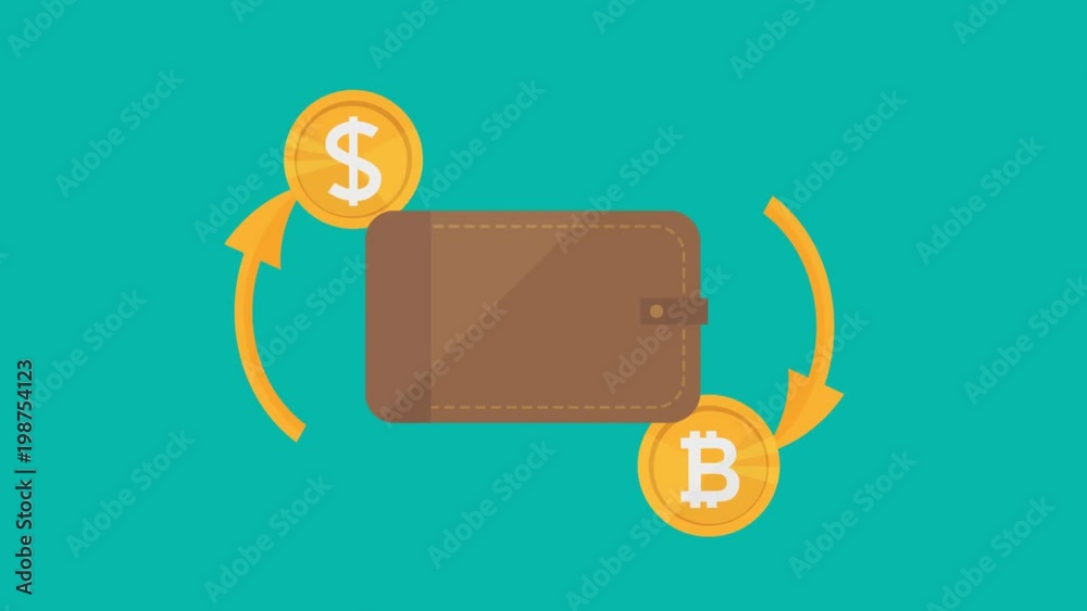 Animation of bitcoin currency sign in flat style - simple animation effects - coins in motion - Dollar to bitcoin currency exchange with wallet