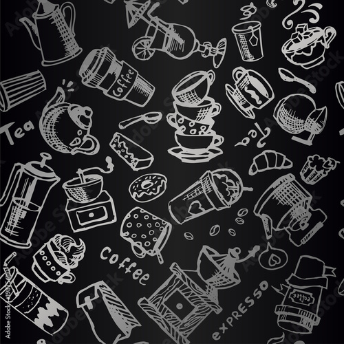 Coffee seamless vector ornament Vintage black-and-white illustrations.