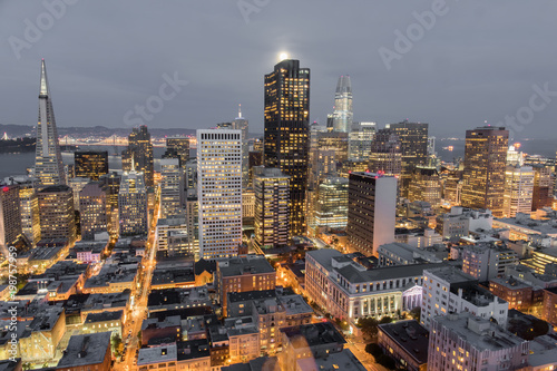 Moonshine over San Francisco Downtown. Aerial view of San Francisco Financial District at seen from Nob Hill.