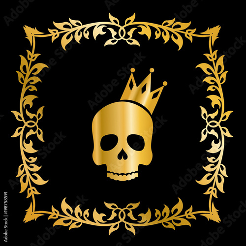 Golden skull with crown and flower pattern