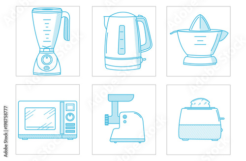 Set of kitchen appliances in the style of line art.
