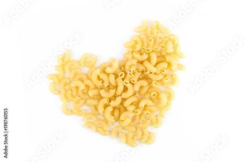 Heart pasta on the white background.