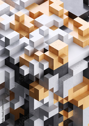 Fotografie 3d rendering, abstract cube background, voxel mosaic, geometric shapes, modern c