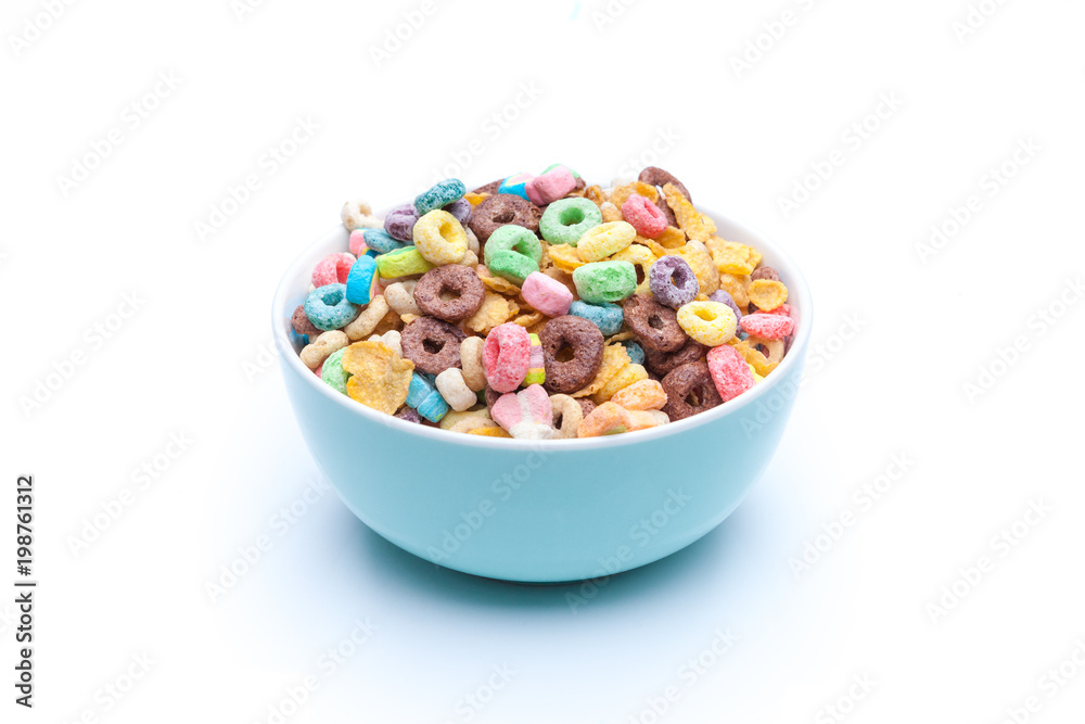Isolated bowl of mixed cereals and marshmallows on white background Isolated bowl of mixed cereals and marshmallows on white background