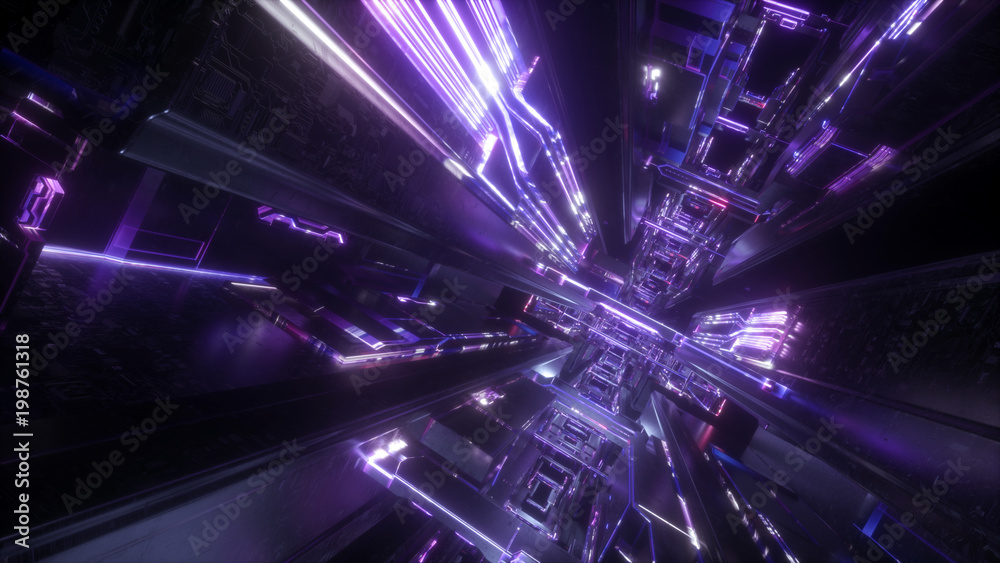 Obraz premium Renderowania 3d, abstrakcyjne futurystyczne tło, tunel miejski, światło ultrafioletowe, struktura geometryczna, przechowywanie dużych danych, komputer kwantowy, bezpieczeństwo cybernetyczne, rzeczywistość wirtualna