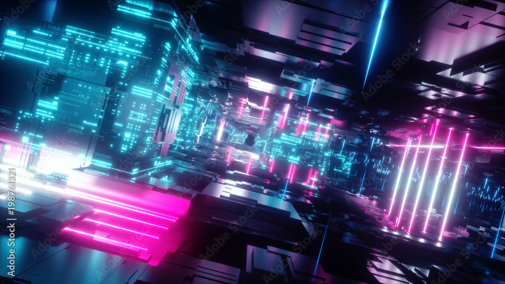 3d render, abstract tunnel, urban background, futuristic pink neon light, geometric structure, big data, quantum computer, storage, cyber safety, virtual reality