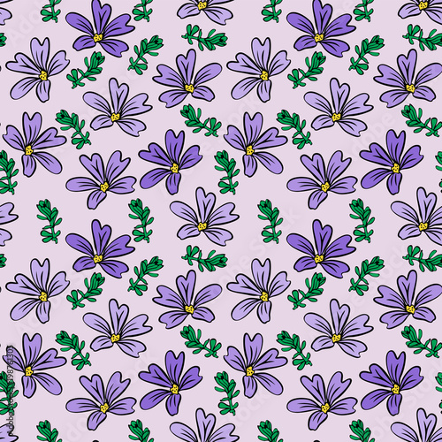 purple flower and green twig on light lilac background