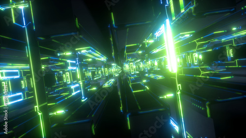 Fototapeta Naklejka Na Ścianę i Meble -  3d render, abstract futuristic background, urban power station, tunnel, green electric light, geometric structure, big data storage, quantum computer, cyber safety, virtual reality