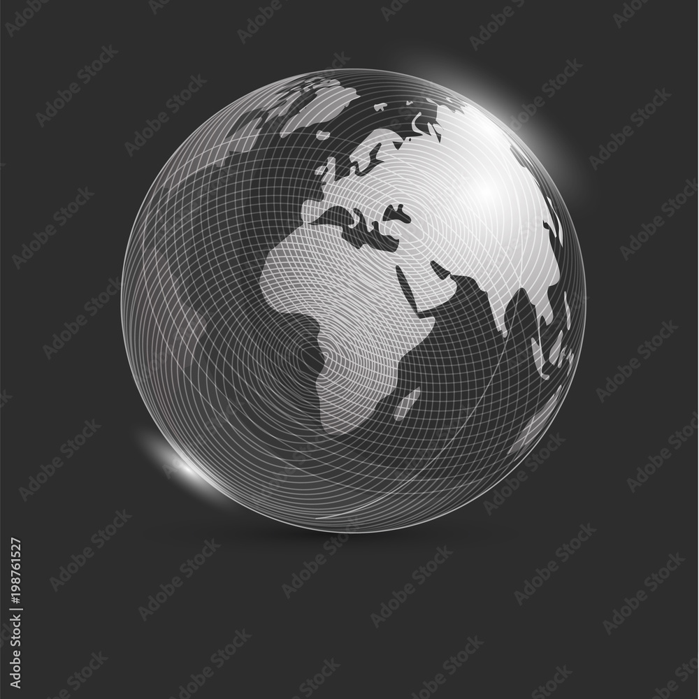 Naklejka premium Sphere with world map on a black background with highlights. Globe. Earth. The glow of the planet earth. Banner. vector illustrations
