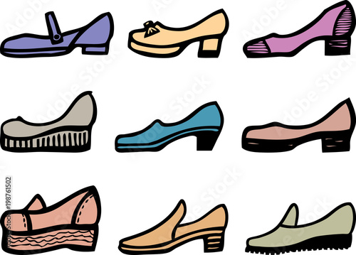 Collection of different models of female shoes