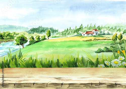 Obraz na płótnie Wiejski krajobraz z rzeką i opróżnia stół jako tło. Dłoń akwarela ilustracja