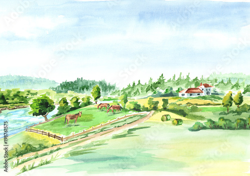 Obraz na płótnie Wiejski krajobraz z rzeką i gospodarstwem rolnym. Akwarela ręcznie rysowane tła