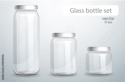 Set of transparent glass bottles. Realistic banks. Isolated on white background