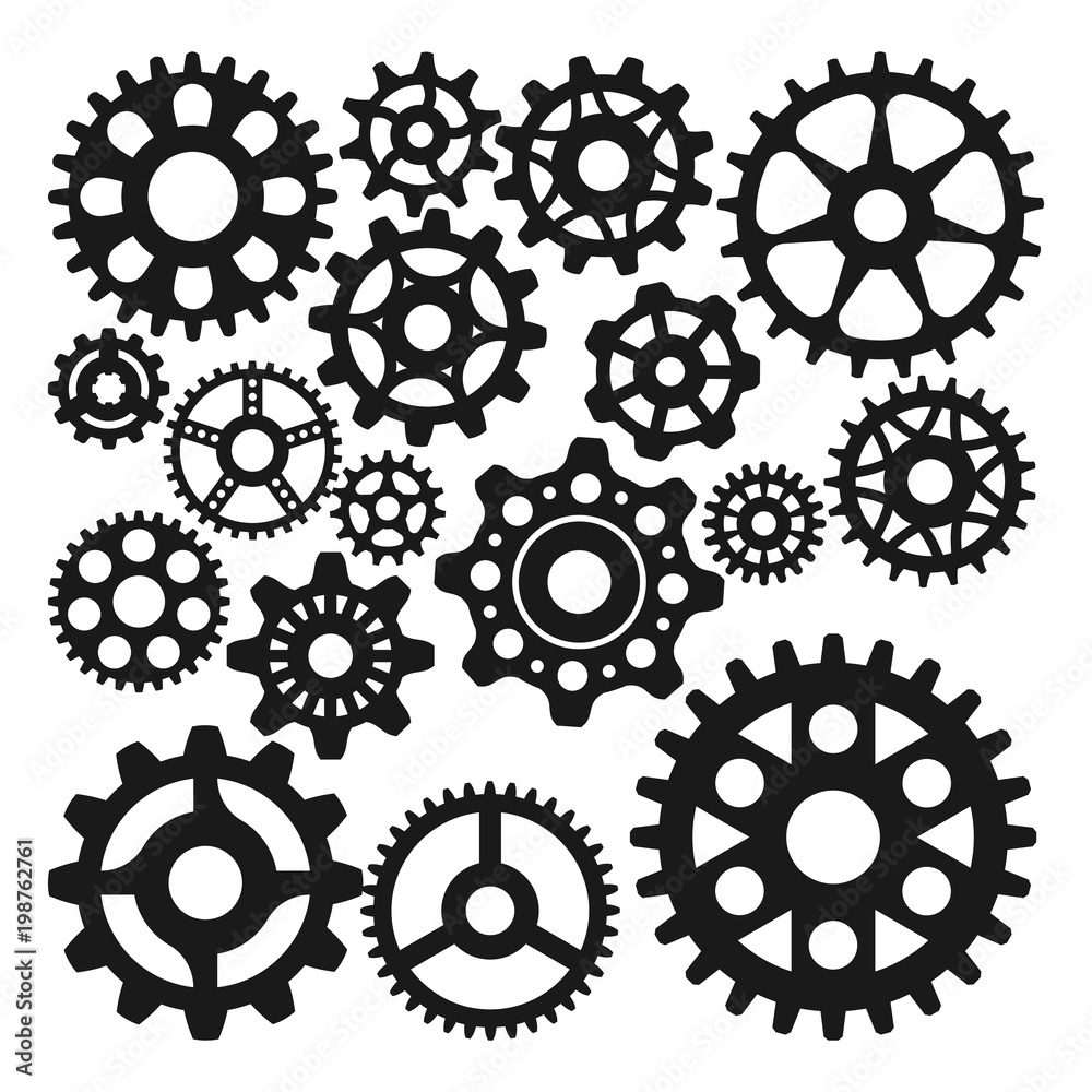 Gear icons silhouette isolated engine wheel equipment machinery element vector illustration. Gear icons silhouette isolated engine wheel equipment machinery element vector illustration.