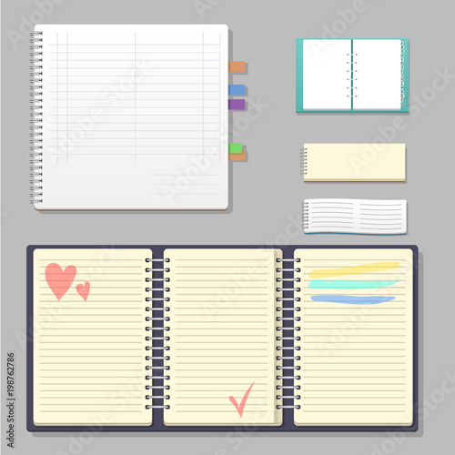 Set of open realistic notebooks with pages diary office sheet template booklet and blank paper education copybook organizer vector illustration.