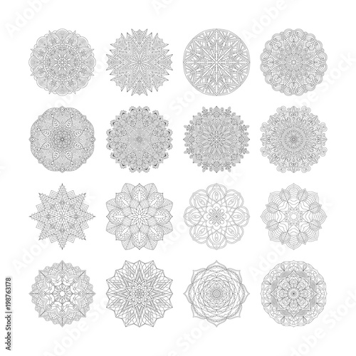 Sixteen Flower circular mandala for adults. 16 Coloring book page design. Anti stress black white vintage decorative element. Monochrome oriental ethnic pattern.Hand drawn isolated vector illustration