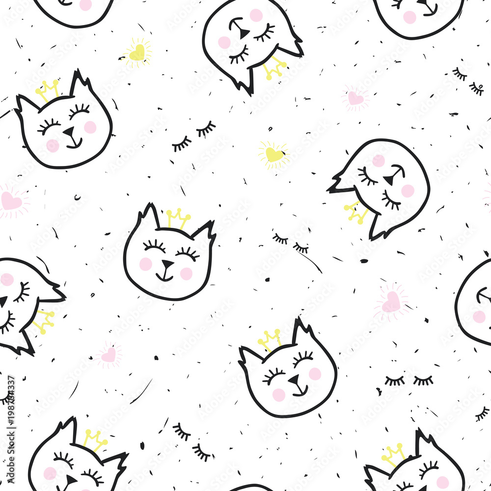 Seamless texture with funny, cute cats. Festive background for printing on paper, fabric. Baby vector illustration for cover design, wallpaper, wrapping paper, greeting card.