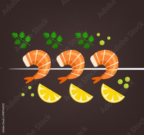 Tasty fresh cooked fried shrimps dish with lemon slice and paprika. Sea food nutrition concept. Vector flat cartoon isolated illustration