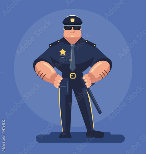 Strong muscular man security police officer cop character mascot with serious face expression standing and holding gun. Security authority justice low service concept. Vector flat cartoon isolated