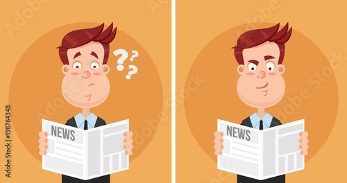 Surprised and perplexed expression face man businessman manager office worker character reading newspaper text article. Daily news tabloid concept. Facal emotions. Vector flat cartoon isolated