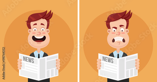 Happy smiling and sad disappointed frustrated angry expression face man businessman manager office worker character reading newspaper text article. Daily news tabloid concept. Positive and negative
