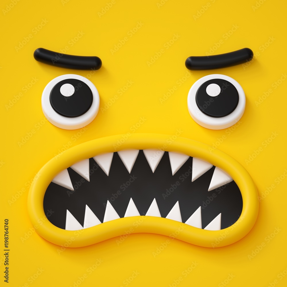 3d render, abstract emotional face icon, angry character going mad